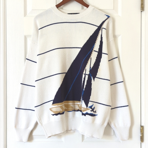 Nautica Other - Nautica 90's Vintage Sailboat Striped Jacquard Knit Crewneck Sweater White Navy